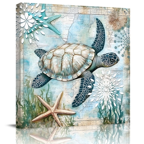 Wall Art Prints, Sea Turtle Coastal Framed Canvas Prints for Bedroom Living Room Bathroom Office, Starfish Coral Summer Beach Gallery Wrap Wall Art Poster for Gifts Home Decor 8"x8"