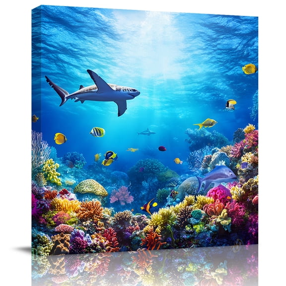 Wall Art Prints, Shark Framed Canvas Prints for Bedroom Living Room Bathroom Office, Blue Ocean Underwater Animal Coral Tropical Fish Gallery Wrap Wall Art Poster for Gifts Home Decor 8"x8"
