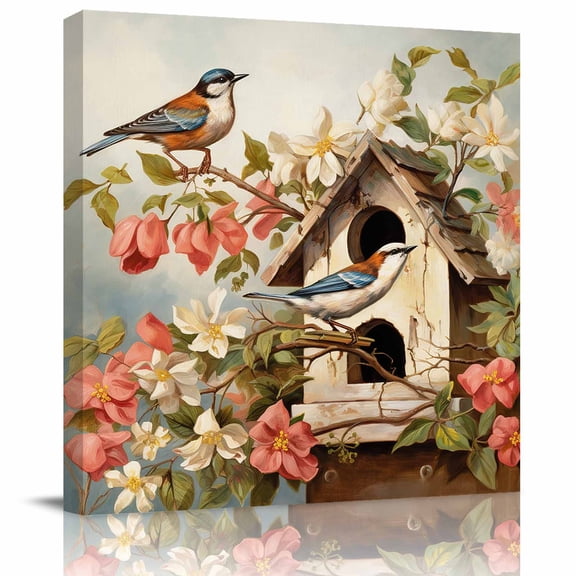 Wall Art Prints, Spring Birdhouse Framed Canvas Prints for Bedroom Living Room Bathroom Office, Red Floral Botanical Birds Vintage Gallery Wrap Wall Art Poster for Gifts Home Decor 20"x20"