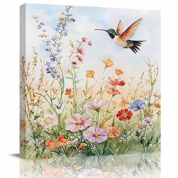 Wall Art Prints, Spring Floral Framed Canvas Prints for Bedroom Living Room Bathroom Office, Hummingbird Summer Botanical Watercolor Gallery Wrap Wall Art Poster for Gifts Home Decor 12"x12"