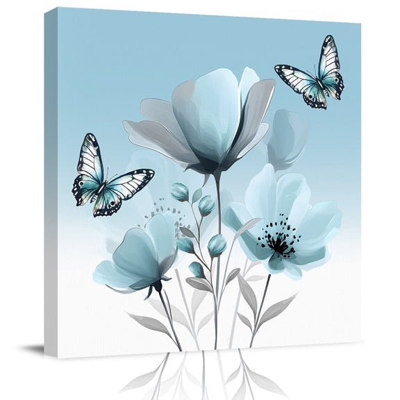 Wall Art Prints, Spring Tulip Framed Canvas Prints for Bedroom Living Room Bathroom Office, Pastoral Rustic Chic Butterfly Floral Gallery Wrap Wall Art Poster for Gifts Home Decor 28"x28"