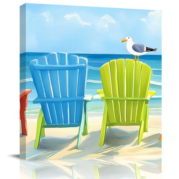 Wall Art Prints, Summer Beach Framed Canvas Prints for Bedroom Living Room Bathroom Office, Retro Blue Green Coast Waves Oil Painting Gallery Wrap Wall Art Poster for Gifts Home Decor 8"x8"