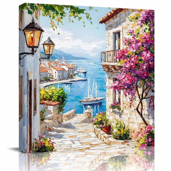 Wall Art Prints, Summer City Framed Canvas Prints for Bedroom Living Room Bathroom Office, Farmhouse Romantic Ocean Beach Ship House Gallery Wrap Wall Art Poster for Gifts Home Decor 20"x20"