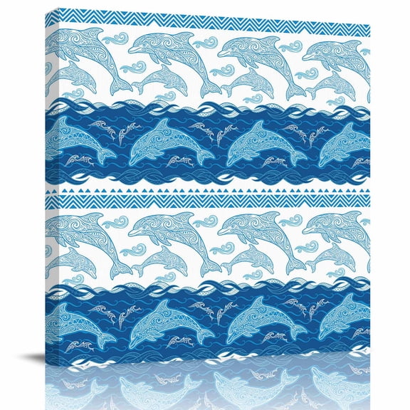 Wall Art Prints, Summer Dolphin Framed Canvas Prints for Bedroom Living Room Bathroom Office, Ocean Waves Coastal Blue Stripes Gallery Wrap Wall Art Poster for Gifts Home Decor 28"x28"