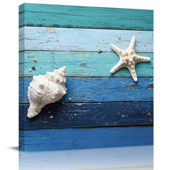 Wall Art Prints, Summer Marine Life Framed Canvas Prints for Bedroom Living Room Bathroom Office, Sea Ocean Conch Starfish Wooden Blue Green Gallery Wrap Wall Art Poster for Gifts Home Decor 20"x20"