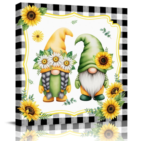 Wall Art Prints, Sunflowers Gnomes Framed Canvas Prints for Bedroom Living Room Bathroom Office, Eucalyptus Spring Black Checkered Gallery Wrap Wall Art Poster for Gifts Home Decor 28"x28"