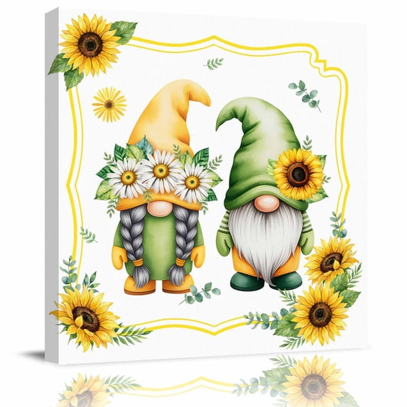 Wall Art Prints, Sunflowers Gnomes Framed Canvas Prints for Bedroom Living Room Bathroom Office, Eucalyptus Spring Garden Floral Gallery Wrap Wall Art Poster for Gifts Home Decor 12"x12"
