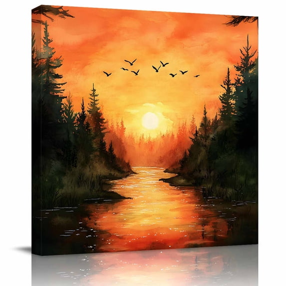 Wall Art Prints, Sunset Forest Framed Canvas Prints for Bedroom Living Room Bathroom Office, Country Orange Sky Trees Nature Scenery Gallery Wrap Wall Art Poster for Gifts Home Decor 12"x12"