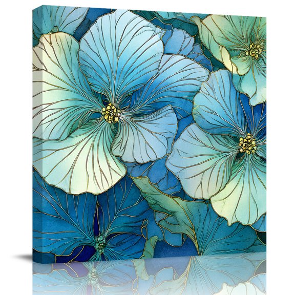 Wall Art Prints, Teal Blue Leaves Framed Canvas Prints for Bedroom Living Room Bathroom Office, Modern Abstract Art Botanical Gallery Wrap Wall Art Poster for Gifts Home Decor 28"x28"