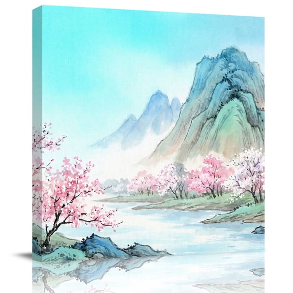 Wall Art Prints, Teal Blue Mountains Framed Canvas Prints for Bedroom Living Room Bathroom Office, Pastoral Nature River Landscape Gallery Wrap Wall Art Poster for Gifts Home Decor 8"x8"