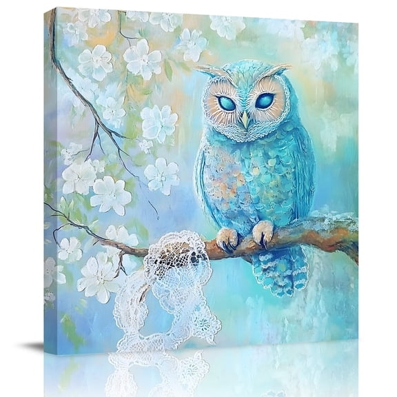 Wall Art Prints, Teal Blue Owl Framed Canvas Prints for Bedroom Living Room Bathroom Office, Modern Flowers Birds on Branch Gallery Wrap Wall Art Poster for Gifts Home Decor 8"x8"