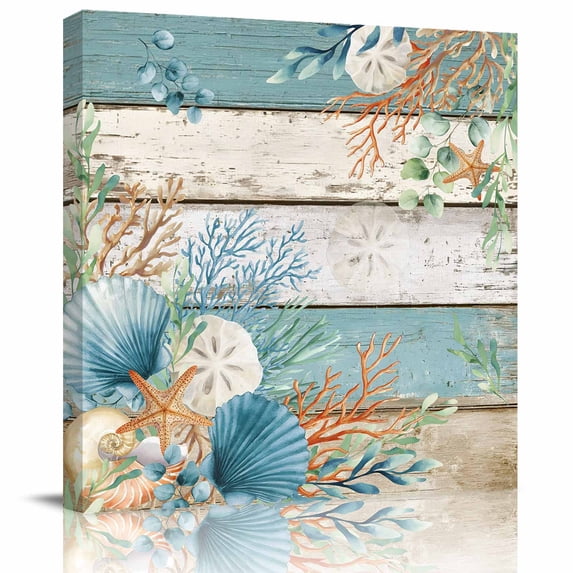 Wall Art Prints, Teal Brown Beach Coastal Framed Canvas Prints for Bedroom Living Room Bathroom, Summer Nautical Coral Shell Botanical Vintage Gallery Wrap Wall Art for Gifts Home Decor 20"x20"