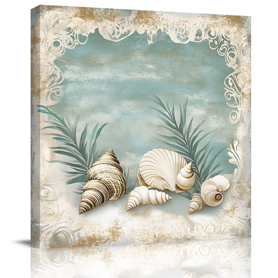 Wall Art Prints, Teal Coastal Framed Canvas Prints for Bedroom Living Room Bathroom Office, Vintage Ocean Beach Shell Nautical Gallery Wrap Wall Art Poster for Gifts Home Decor 20"x20"