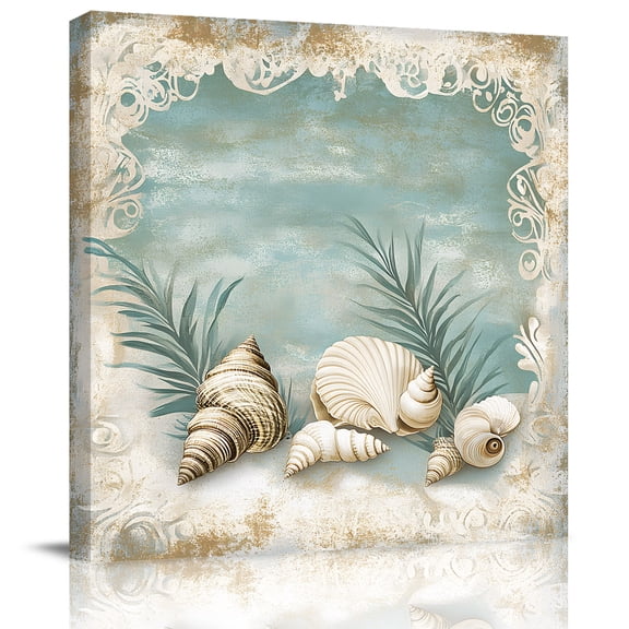 Wall Art Prints, Teal Coastal Framed Canvas Prints for Bedroom Living Room Bathroom Office, Vintage Ocean Beach Shell Nautical Gallery Wrap Wall Art Poster for Gifts Home Decor 8"x8"