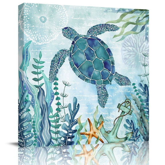 Wall Art Prints, Teal Green Sea Turtle Framed Canvas Prints for Bedroom Living Room Bathroom Office, Coastal Summer Beach Seaweed Gallery Wrap Wall Art Poster for Gifts Home Decor 16"x16"