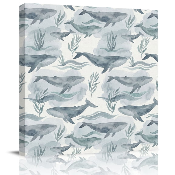 Wall Art Prints, Teal Grey Whale Coastal Framed Canvas Prints for Bedroom Living Room Bathroom Office, Watercolor Beach Ocean Nautical Gallery Wrap Wall Art Poster for Gifts Home Decor 20"x20"