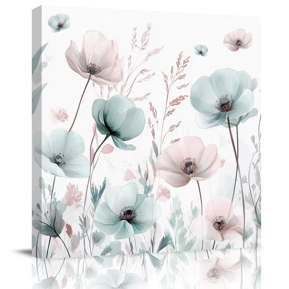 Wall Art Prints, Teal Pink Spring Floral Framed Canvas Prints for Bedroom Living Room Bathroom Office, Summer Botanical Watercolor Gallery Wrap Wall Art Poster for Gifts Home Decor 12"x12"