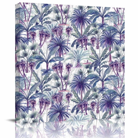 Wall Art Prints, Teal Purple Palm Trees Framed Canvas Prints for Bedroom Living Room Bathroom Office, Summer Botanical Tropical Leaves Gallery Wrap Wall Art Poster for Gifts Home Decor 16"x16"