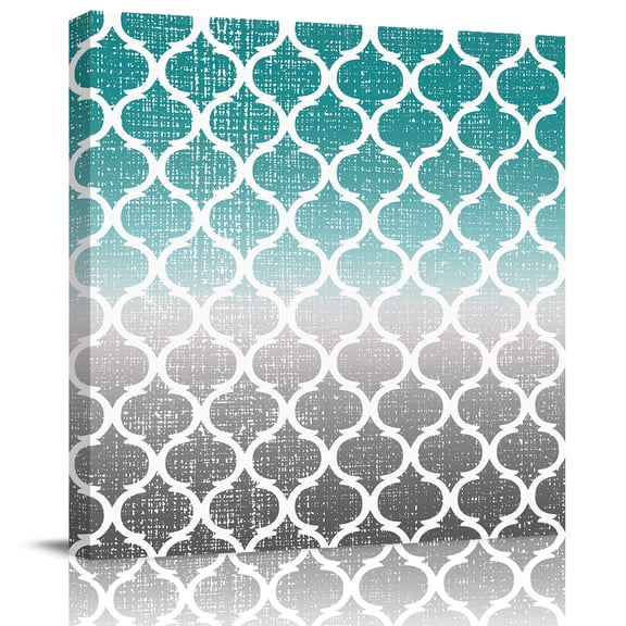 Wall Art Prints, Teal White Grey Ombre Morocco Pattern Framed Canvas Prints for Bedroom Living Room Bathroom, Modern Moroccan Geometric Gallery Wrap Wall Art Poster for Gifts Home Decor 28"x28"