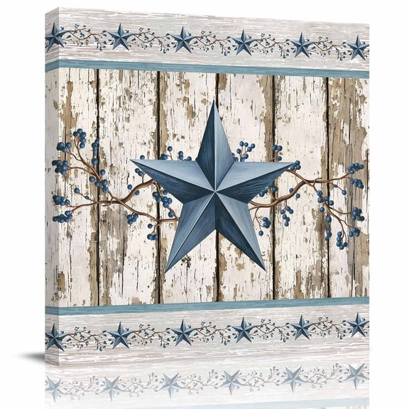 Wall Art Prints, Texas Star Navy Blue Framed Canvas Prints for Bedroom Living Room Bathroom Office, Farmhouse Vintage Art Wooden Gallery Wrap Wall Art Poster for Gifts Home Decor 8"x8"