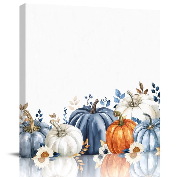 Wall Art Prints, Thanksgiving Fall Framed Canvas Prints for Bedroom Living Room Bathroom Office, Blue White Orange Pumpkin Leaves Gallery Wrap Wall Art Poster for Gifts Home Decor 20"x20"