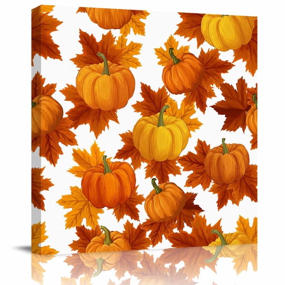 Wall Art Prints, Thanksgiving Framed Canvas Prints for Bedroom Living Room Bathroom Office, Fall Orange Pumpkin Maple Leaves Farmhouse Gallery Wrap Wall Art Poster for Gifts Home Decor 28"x28"