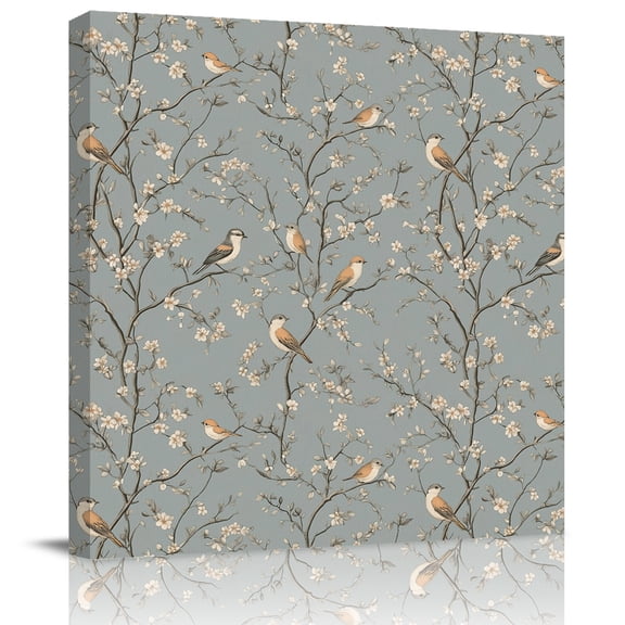 Wall Art Prints, Tree Birds Framed Canvas Prints for Bedroom Living Room Bathroom Office, Vintage Grey Flower Floral Branch Spring Gallery Wrap Wall Art Poster for Gifts Home Decor 28"x28"
