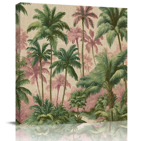Wall Art Prints, Tropical Palm Trees Framed Canvas Prints for Bedroom Living Room Bathroom Office, Boho Vintage Summer Forest Burlap Gallery Wrap Wall Art Poster for Gifts Home Decor 28"x28"