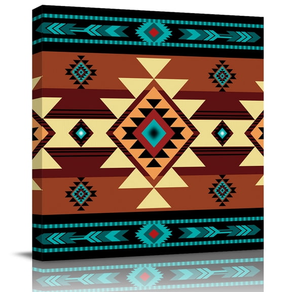 Wall Art Prints, Turquoise Red Framed Canvas Prints for Bedroom Living Room Bathroom Office, Southwest American Native Abstract Pattern Gallery Wrap Wall Art Poster for Gifts Home Decor 8"x8"