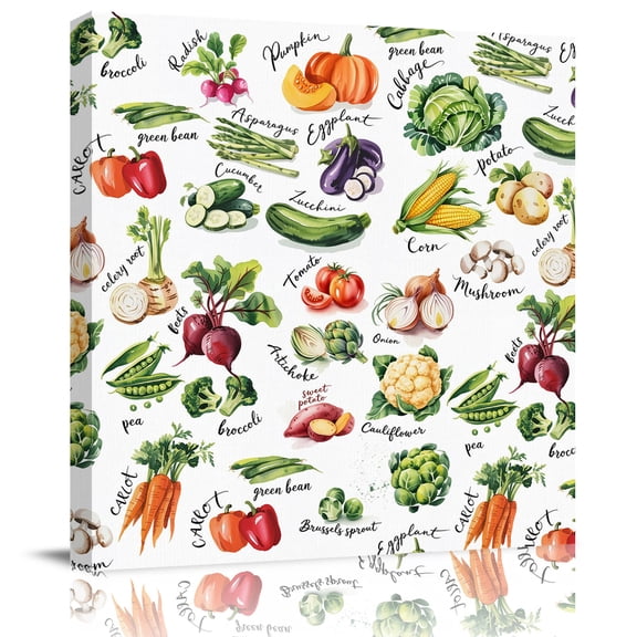 Wall Art Prints, Vegetables Framed Canvas Prints for Bedroom Living Room Bathroom Office, Watercolor Farmhouse Fruits Gallery Wrap Wall Art Poster for Gifts Home Decor 16"x16"