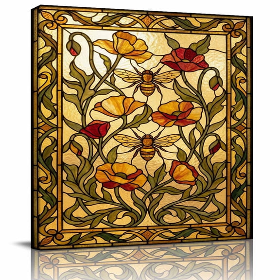 Wall Art Prints, Vintage Bees Framed Canvas Prints for Bedroom Living Room Bathroom Office, Country Retro Animal Flowers Yellow Brown Gallery Wrap Wall Art Poster for Gifts Home Decor 8"x8"