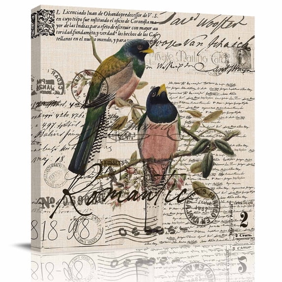 Wall Art Prints, Vintage Birds Framed Canvas Prints for Bedroom Living Room Bathroom Office, Country Envelope Postmark Farmhouse Botancial Gallery Wrap Wall Art Poster for Gifts Home Decor 12"x12"