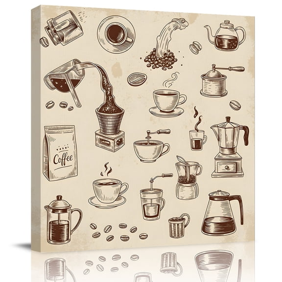 Wall Art Prints, Vintage Cafe Framed Canvas Prints for Bedroom Living Room Bathroom Office, Coffee Making Tools Beans Cups Moka Pot Tan Gallery Wrap Wall Art Poster for Gifts Home Decor 24"x24"