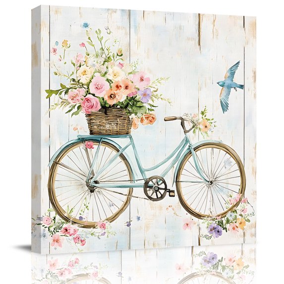 Wall Art Prints, Vintage Floral Bicycle Framed Canvas Prints for Bedroom Living Room Bathroom Office, Spring Farmhouse Bird Wood Gallery Wrap Wall Art Poster for Gifts Home Decor 16"x16"