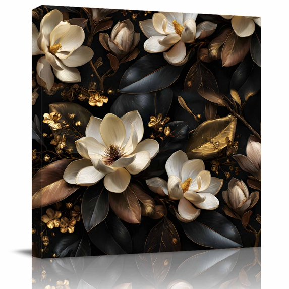 Wall Art Prints, Vintage Floral Framed Canvas Prints for Bedroom Living Room Bathroom Office, Luxurious Flowers Botanical Leaves Black Gold Gallery Wrap Wall Art Poster for Gifts Home Decor 24"x24"