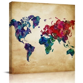 Wall Art Prints, Vintage Map Framed Canvas Prints for Bedroom Living Room Bathroom Office, Travel World Map Watercolor Splashes Gallery Wrap Wall Art Poster for Gifts Home Decor 12"x12"
