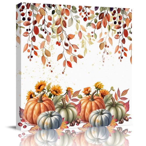 Wall Art Prints, Vintage Pumpkins Fall Framed Canvas Prints for Bedroom Living Room Bathroom Office, Thanksgiving Eucalyptus Leaves Falling Gallery Wrap Wall Art Poster for Gifts Home Decor 28"x28"