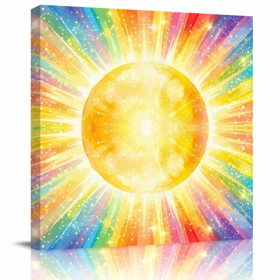 Wall Art Prints, Watercolor Sun Framed Canvas Prints for Bedroom Living Room Bathroom Office, Cartoon Summer Colorful Rainbows Gallery Wrap Wall Art Poster for Gifts Home Decor 16"x16"