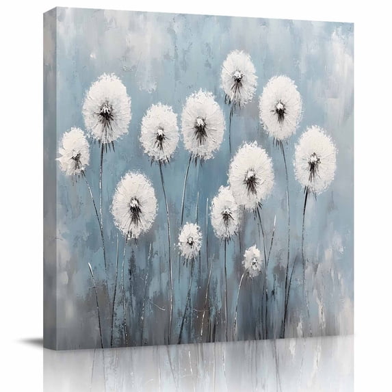 Wall Art Prints, White Dandelion Framed Canvas Prints for Bedroom Living Room Bathroom Office, Blue Oil Painting Retro Modern Art Gallery Wrap Wall Art Poster for Gifts Home Decor 24"x24"