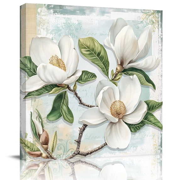 Wall Art Prints, White Floral Framed Canvas Prints for Bedroom Living Room Bathroom Office, Pastoral Farmhouse Magnolia Flowers Leaves Gallery Wrap Wall Art Poster for Gifts Home Decor 16"x16"
