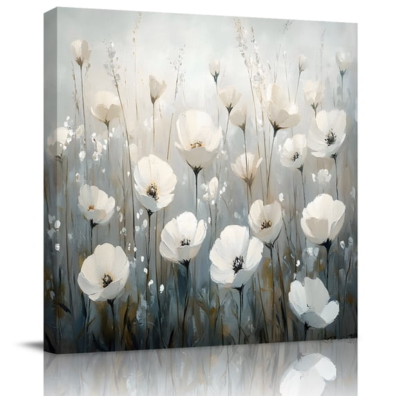 Wall Art Prints, White Spring Floral Framed Canvas Prints for Bedroom Living Room Bathroom Office, Botanical Abstract Oil Painting Plant Gallery Wrap Wall Art Poster for Gifts Home Decor 24"x24"