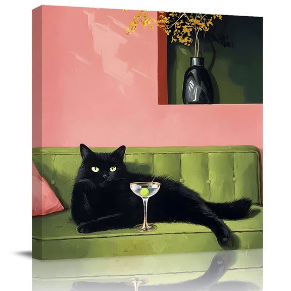 Wall Art Prints, Wine Cat Framed Canvas Prints for Bedroom Living Room Bathroom Office, Vintage Funny Animals Green Sofa Pink Gallery Wrap Wall Art Poster for Gifts Home Decor 20"x20"
