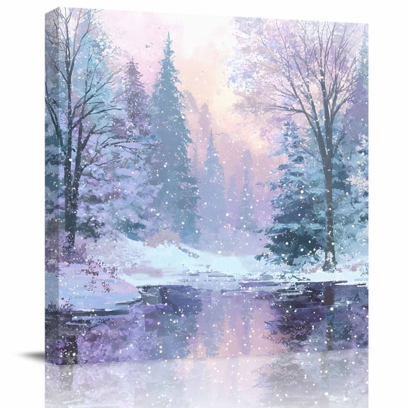 Wall Art Prints, Winter Forest Framed Canvas Prints for Bedroom Living Room Bathroom Office, Natural Forest Lake Snow Scene Colorful Gallery Wrap Wall Art Poster for Gifts Home Decor 8"x8"