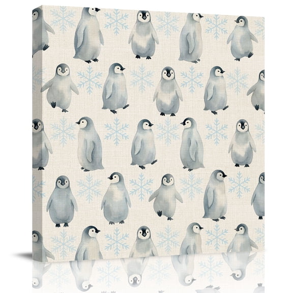 Wall Art Prints, Winter Penguins Framed Canvas Prints for Bedroom Living Room Bathroom Office, Farmhouse Nature Snowflake Cute Animals Gallery Wrap Wall Art Poster for Gifts Home Decor 8"x8"