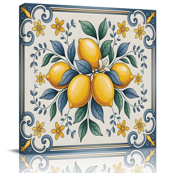 Wall Art Prints, Yellow Blue Lemon Framed Canvas Prints for Bedroom Living Room Bathroom Office, Summer Botanical Watercolor Gallery Wrap Wall Art Poster for Gifts Home Decor 20"x20"