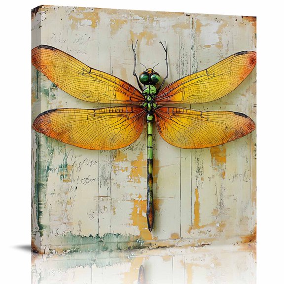 Wall Art Prints, Yellow Dragonfly Framed Canvas Prints for Bedroom Living Room Bathroom Office, Vintage Rustic Chic Animals Aesthetic Gallery Wrap Wall Art Poster for Gifts Home Decor 12"x12"