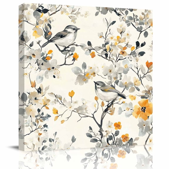 Wall Art Prints, Yellow Grey Botanical Framed Canvas Prints for Bedroom Living Room Bathroom Office, Spring Floral Birds Vintage Gallery Wrap Wall Art Poster for Gifts Home Decor 24"x24"