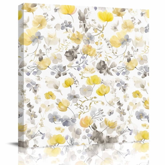 Wall Art Prints, Yellow Grey Botanical Framed Canvas Prints for Bedroom Living Room Bathroom Office, Spring Floral Watercolor Gallery Wrap Wall Art Poster for Gifts Home Decor 12"x12"