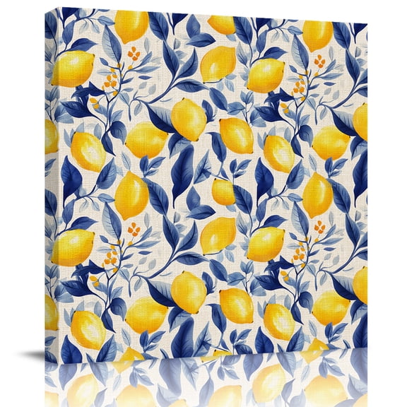 Wall Art Prints, Yellow Lemon Framed Canvas Prints for Bedroom Living Room Bathroom Office, Blue Leaf Vintage Botanical Summer Spring Gallery Wrap Wall Art Poster for Gifts Home Decor 20"x20"