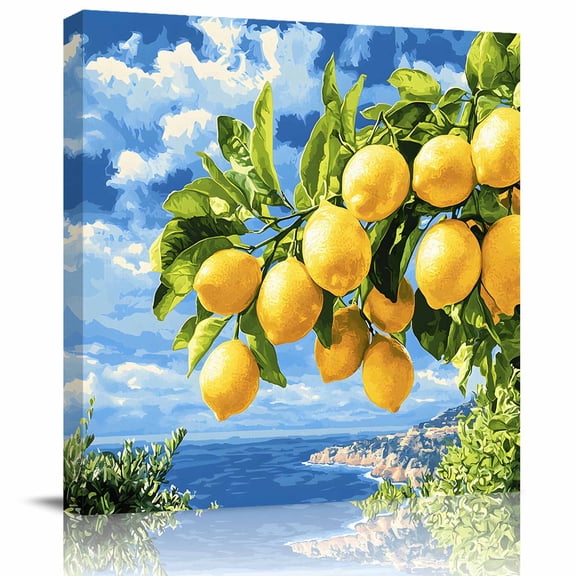 Wall Art Prints, Yellow Lemon Framed Canvas Prints for Bedroom Living Room Bathroom Office, Summer Blue Sky Coastal Scenery Gallery Wrap Wall Art Poster for Gifts Home Decor 28"x28"